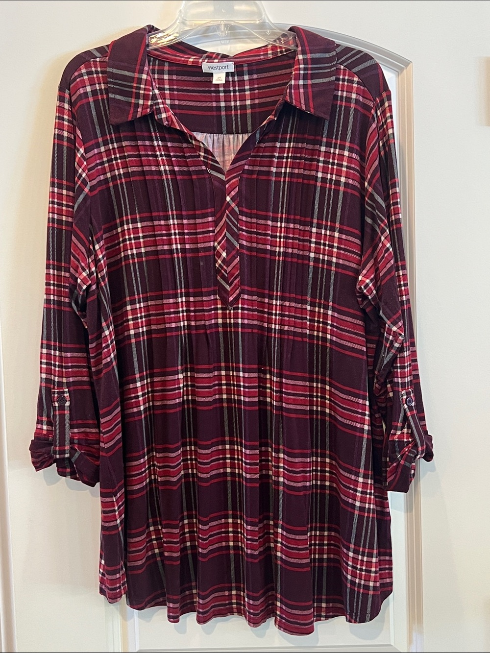 Westport Burgundy and Pink Plaid Collared Roll-Sleeve Tunic